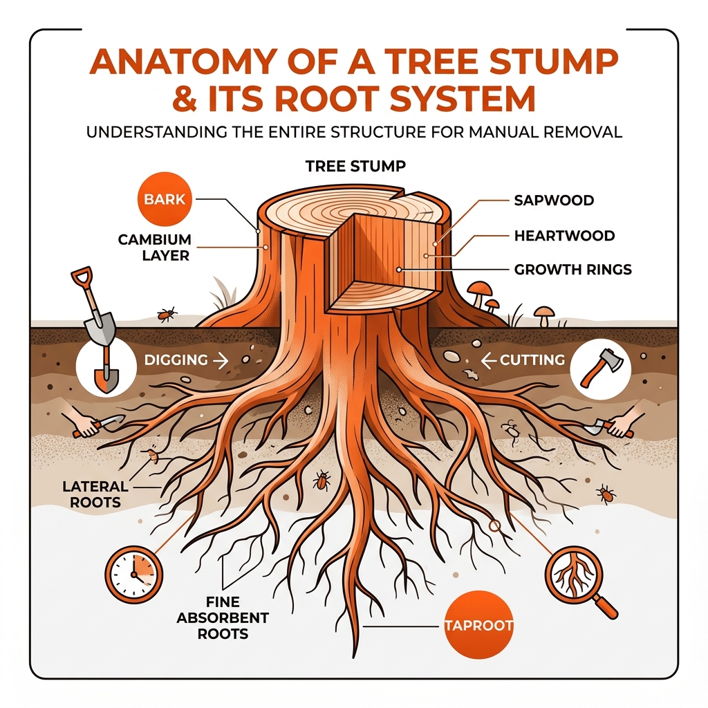 Anatomy diagram of a tree stump and its root system, labeled with parts like bark, cambium layer, sapwood, heartwood, growth rings, and root types, illustrating manual removal techniques for homeowners.