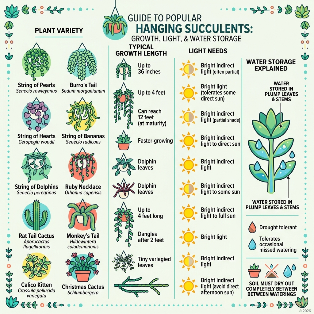 Different types of hanging succulents - growth lengths, light needs, and water storage explained - different types of