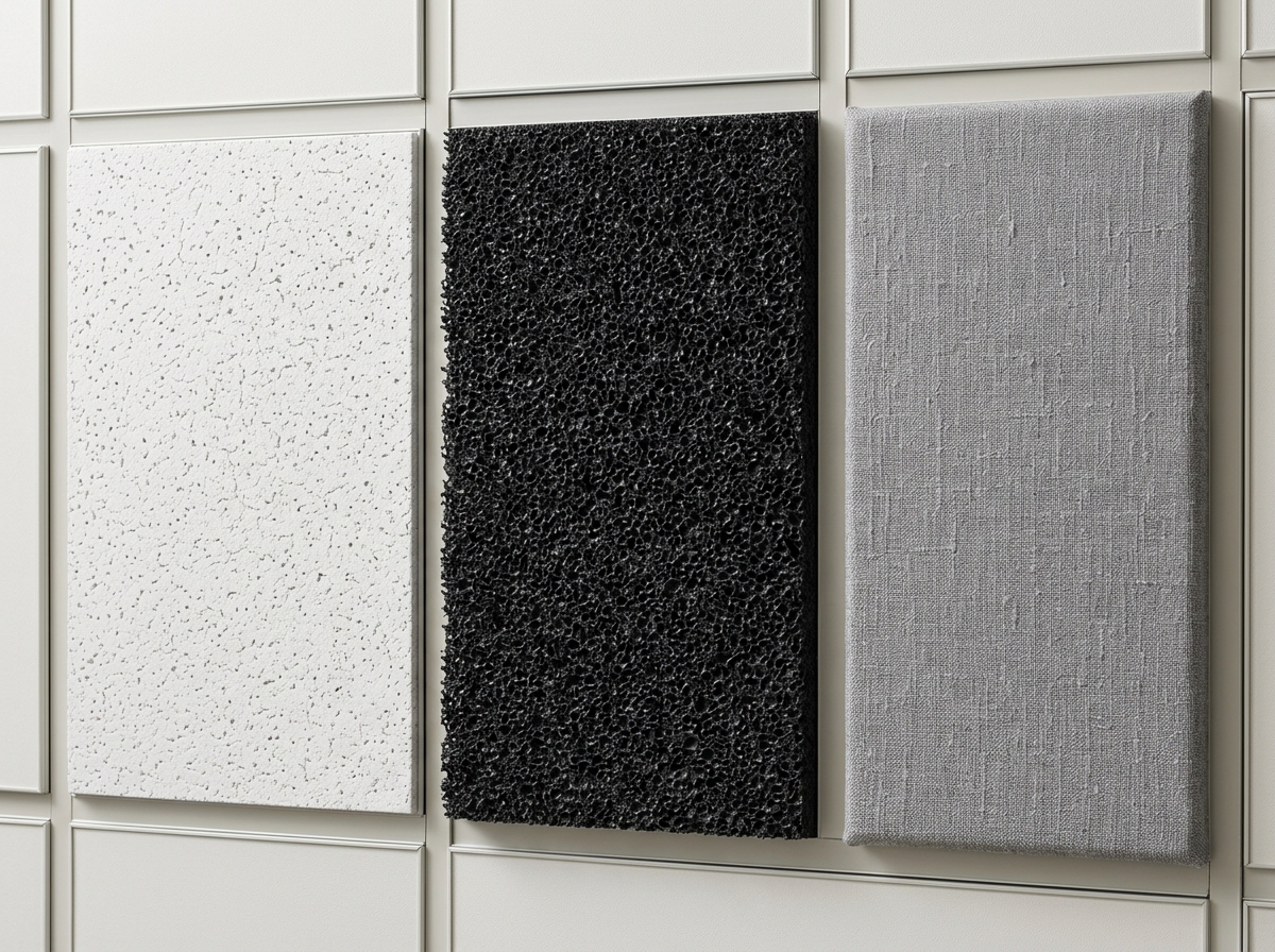 Close-up of different acoustic tile textures: smooth mineral fiber, porous foam, and fabric-wrapped cotton - sound absorbing