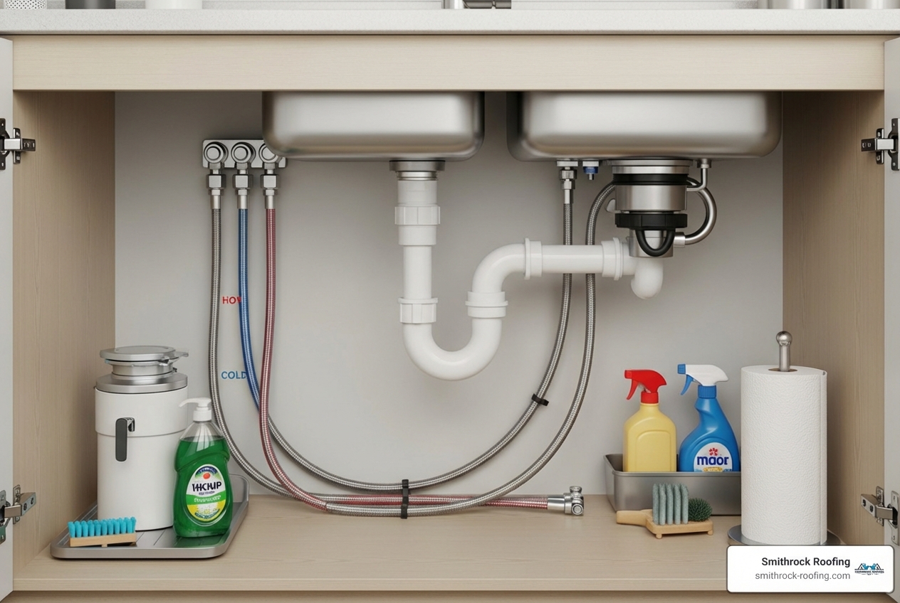 area under a kitchen sink showing a P-trap and supply lines - ceiling water leakage solution