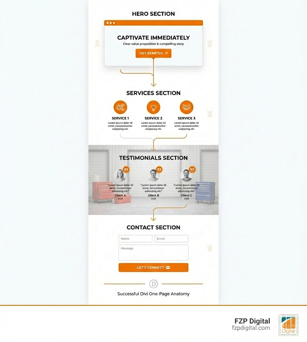 Infographic showing the anatomy of a successful one-page Divi website with sections for hero, services, testimonials, and contact flowing from top to bottom with clear visual hierarchy and calls-to-action - divi one page website examples infographic Infographic showing the anatomy of a successful one-page Divi website with sections for hero, services, testimonials, and contact flowing from top to bottom with clear visual hierarchy and calls-to-action - divi one page website examples infographic
