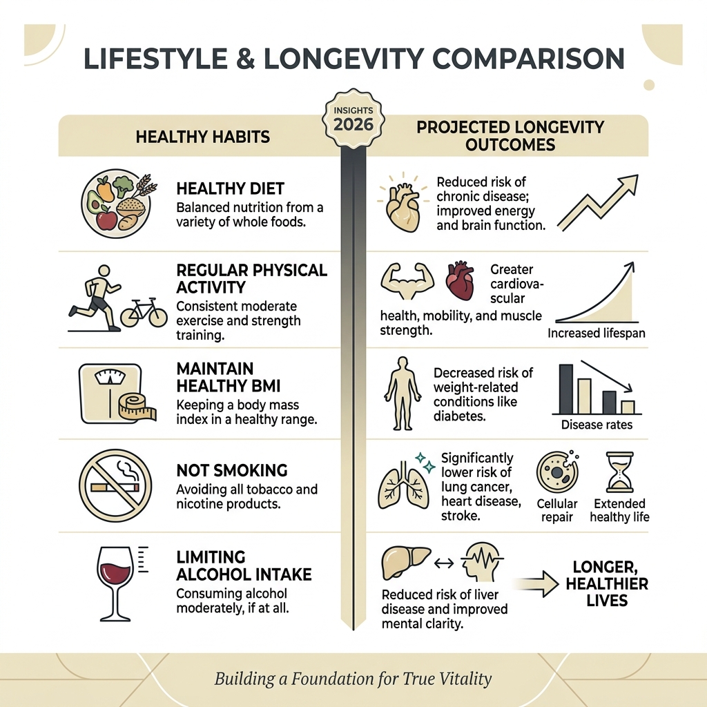 Comprehensive Approaches to Personal Wellness and Aesthetic Care 4 table comparing lifestyle habits and projected longevity outcomes - personal wellness and care infographic