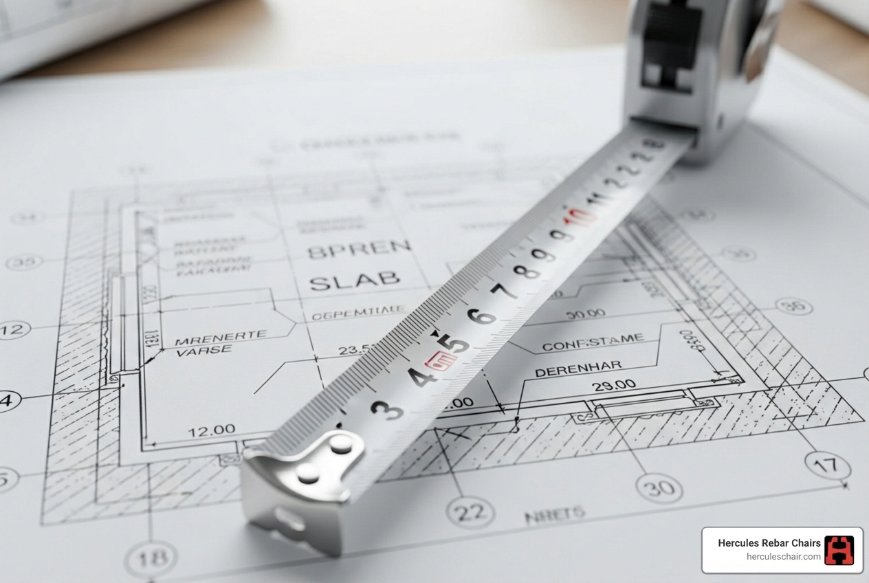 A measuring tape laid over a blueprint for a concrete slab, indicating dimensions for input into a calculator - rebar length calculator