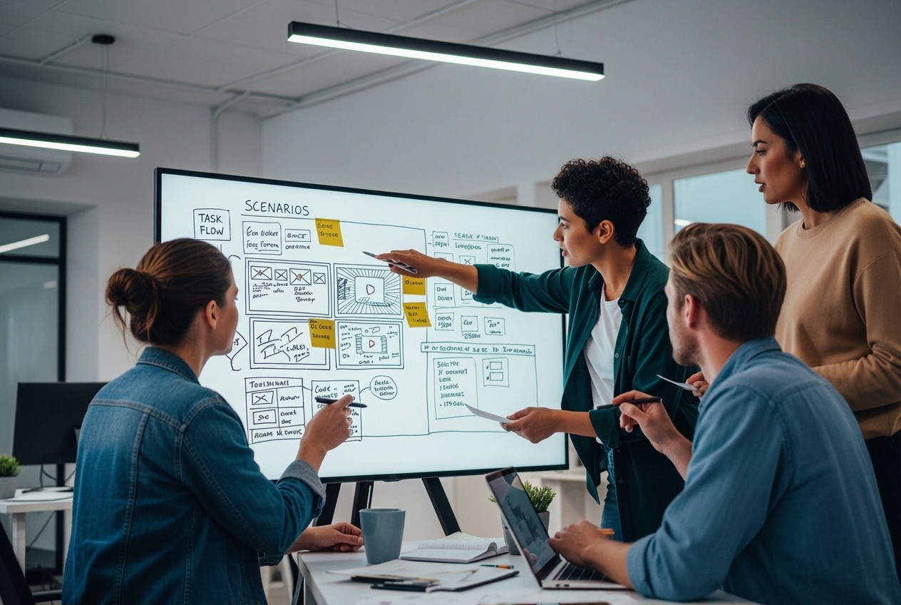 marketing team collaborating around a storyboard - Video marketing agency