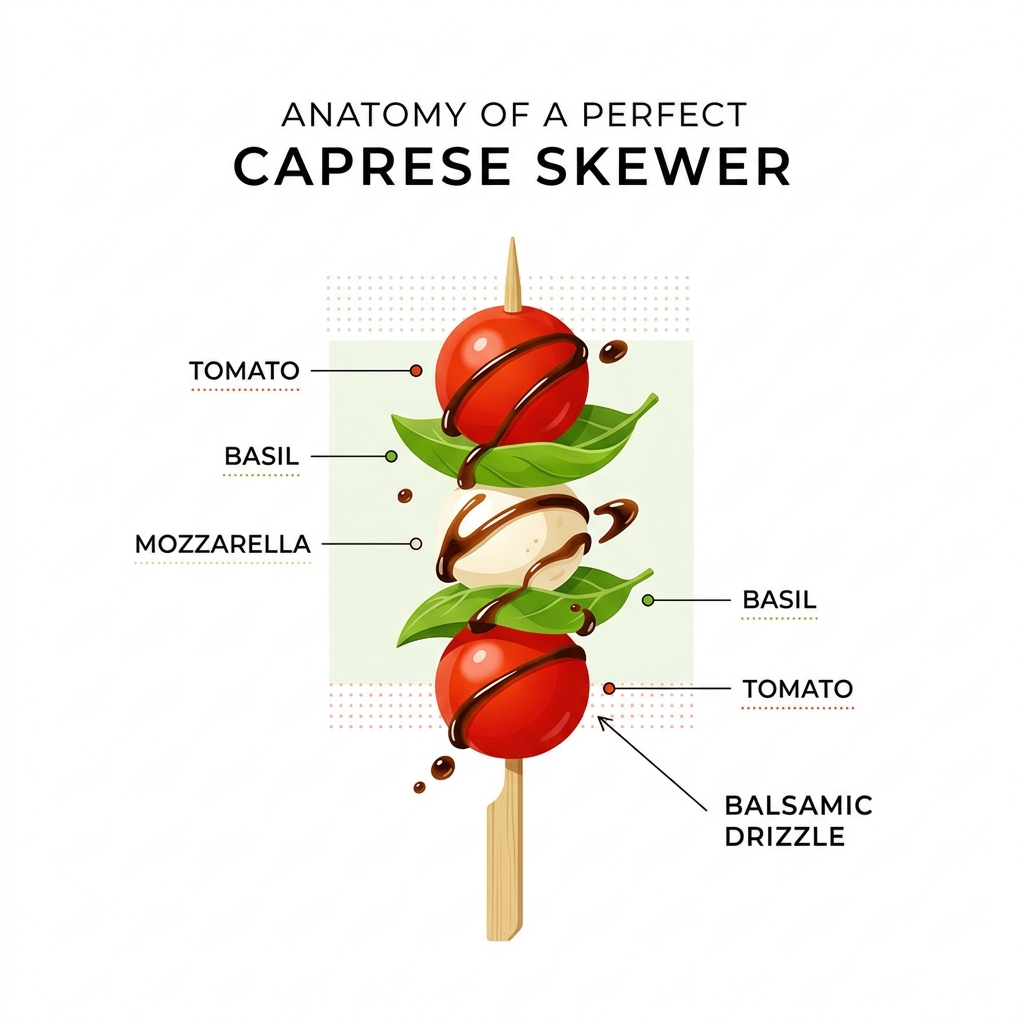 Anatomy of a perfect caprese skewer: tomato, basil, mozzarella, balsamic drizzle layers labeled - caprese skewers with