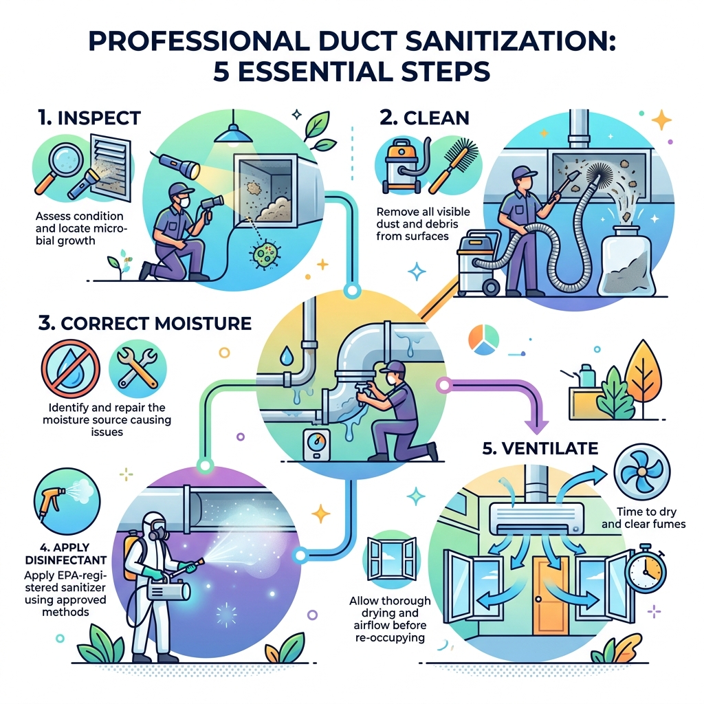 Infographic showing 5 steps of professional duct sanitization: inspect, clean, correct moisture, apply disinfectant Infographic showing 5 steps of professional duct sanitization: inspect, clean, correct moisture, apply disinfectant