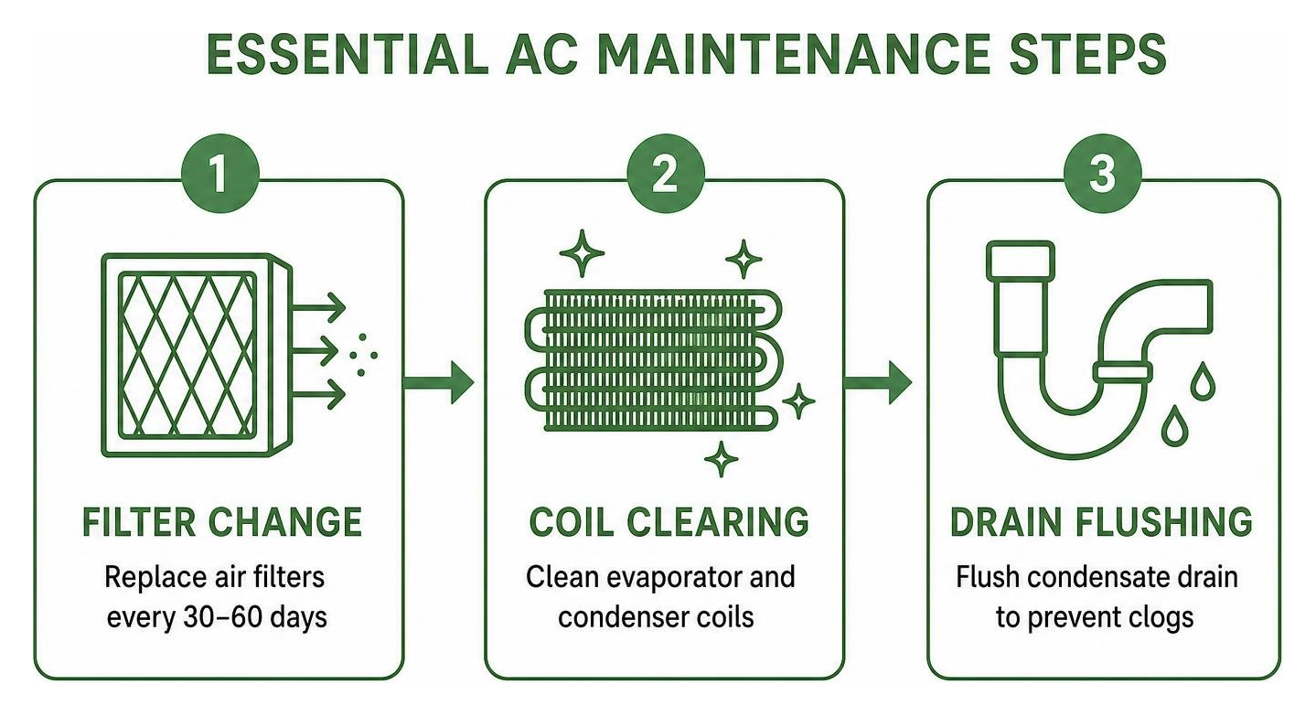 Diagram showing essential AC maintenance steps including filter changes, coil clearing, and drain flushing Diagram showing essential AC maintenance steps including filter changes, coil clearing, and drain flushing