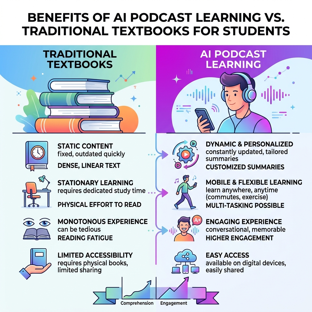 Benefits of AI podcast learning vs traditional textbooks for students - student podcast learning ai infographic 