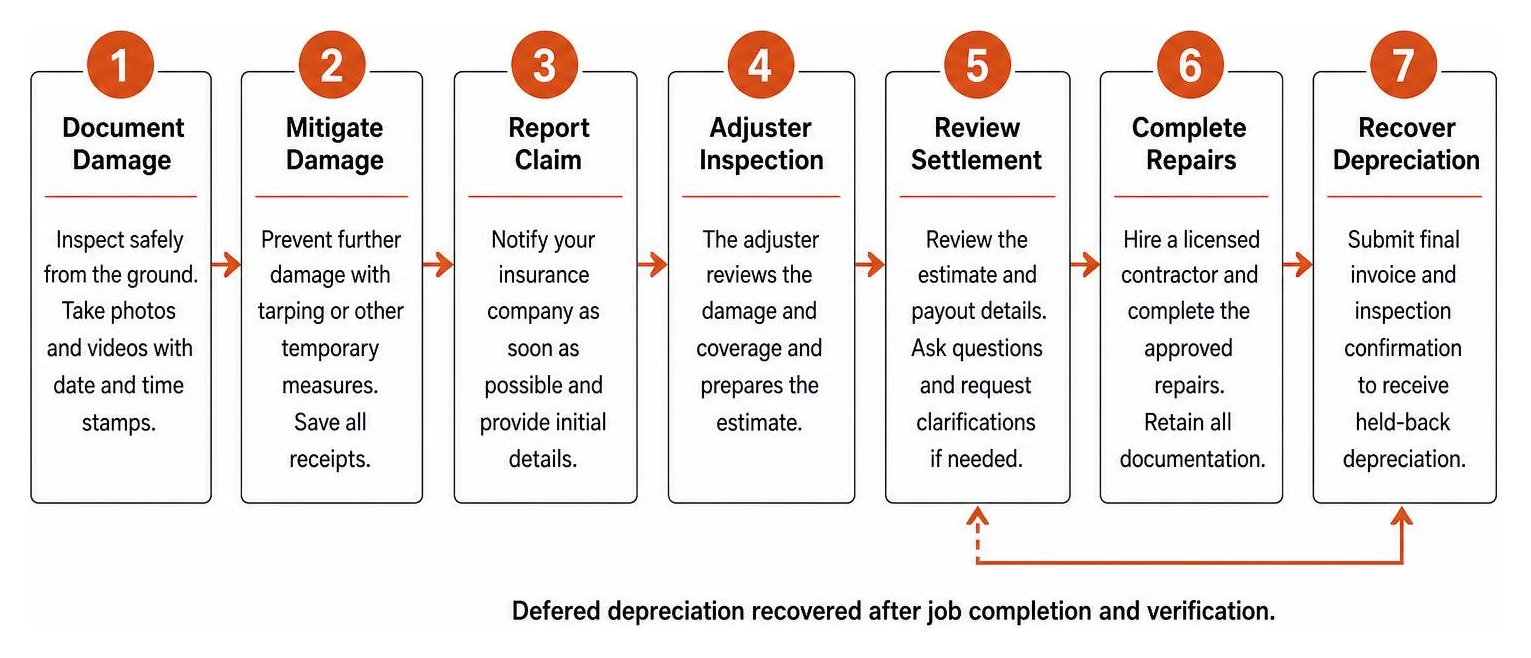 Diagram outlining the 7-step insurance roof repair claim process from inspection to depreciation recovery