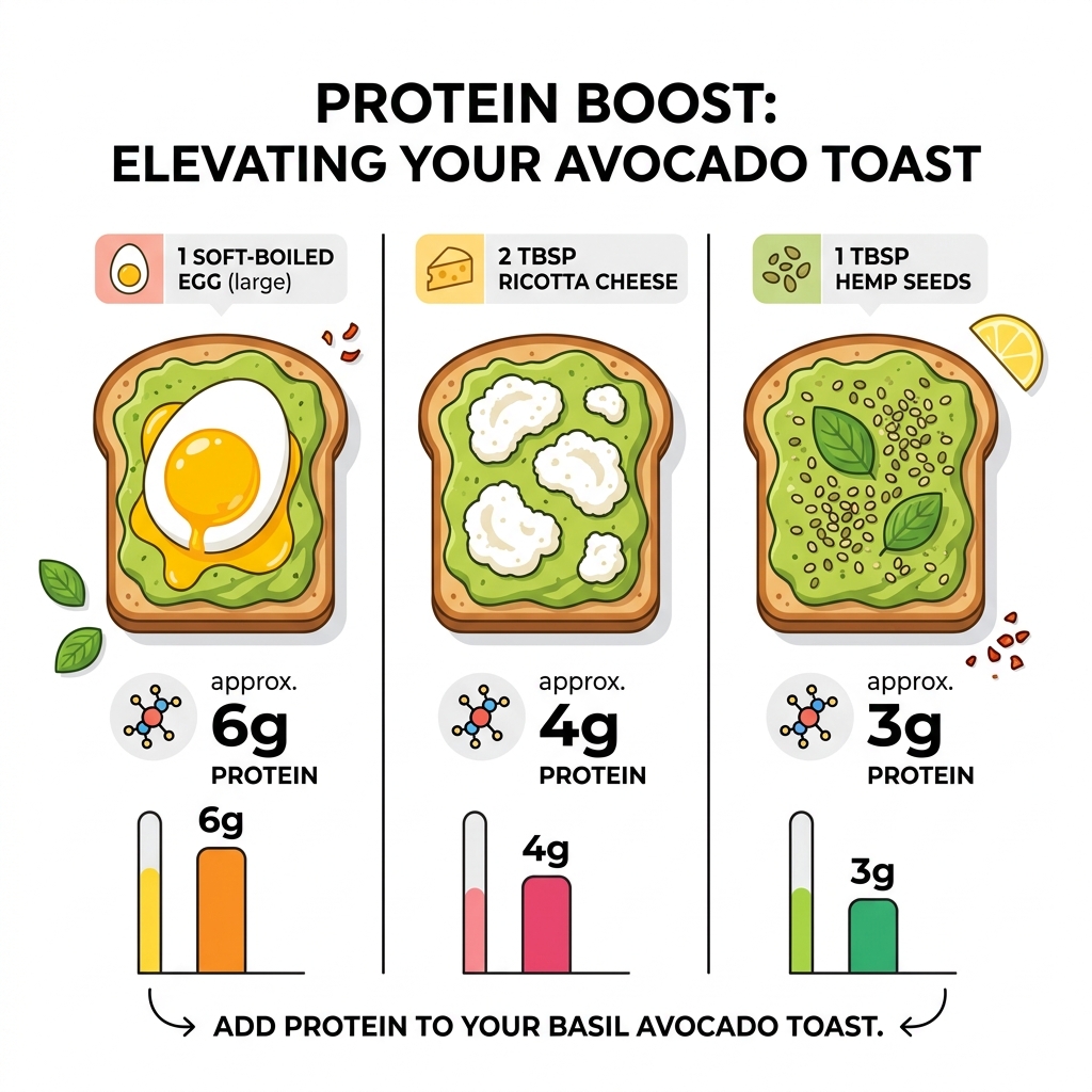 Protein content comparison: Egg vs. Ricotta vs. Hemp Seeds on toast - basil avocado toast topping infographic 