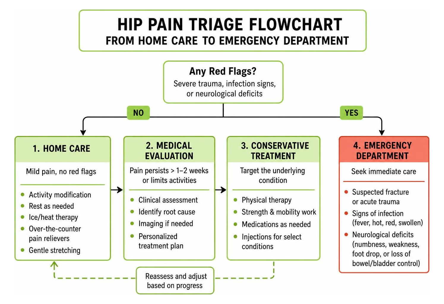 Hip pain triage flowchart from home care to emergency department Hip pain triage flowchart from home care to emergency department