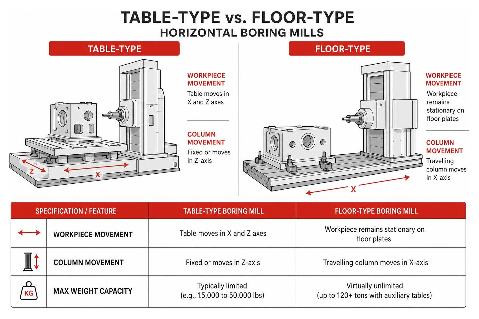 comparison of table-type and floor-type boring mills