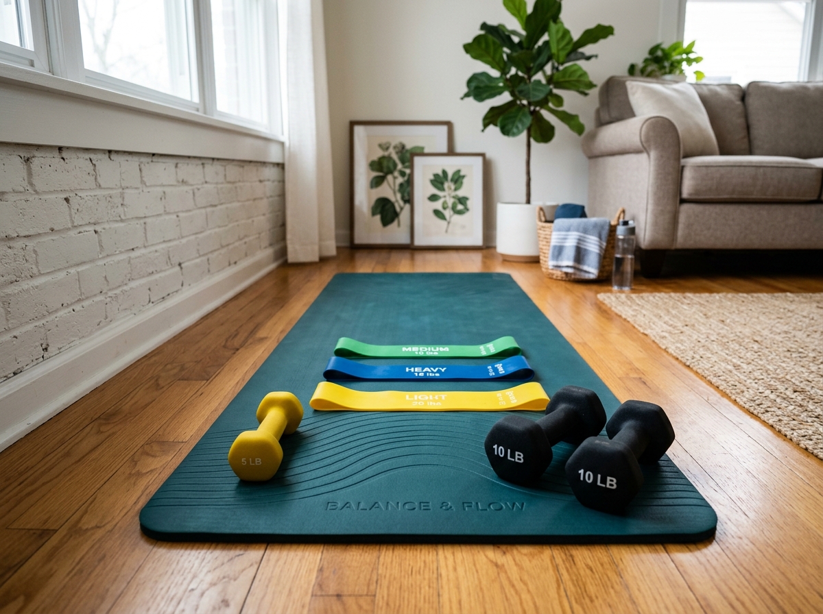 dumbbells and resistance bands on a yoga mat - full body circuit at home dumbbells and resistance bands on a yoga mat - full body circuit at home