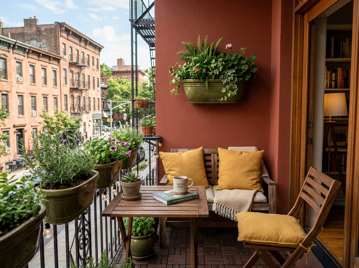 A balcony wall painted in deep terracotta with olive green planters and mustard yellow cushions - boho balcony paint palette