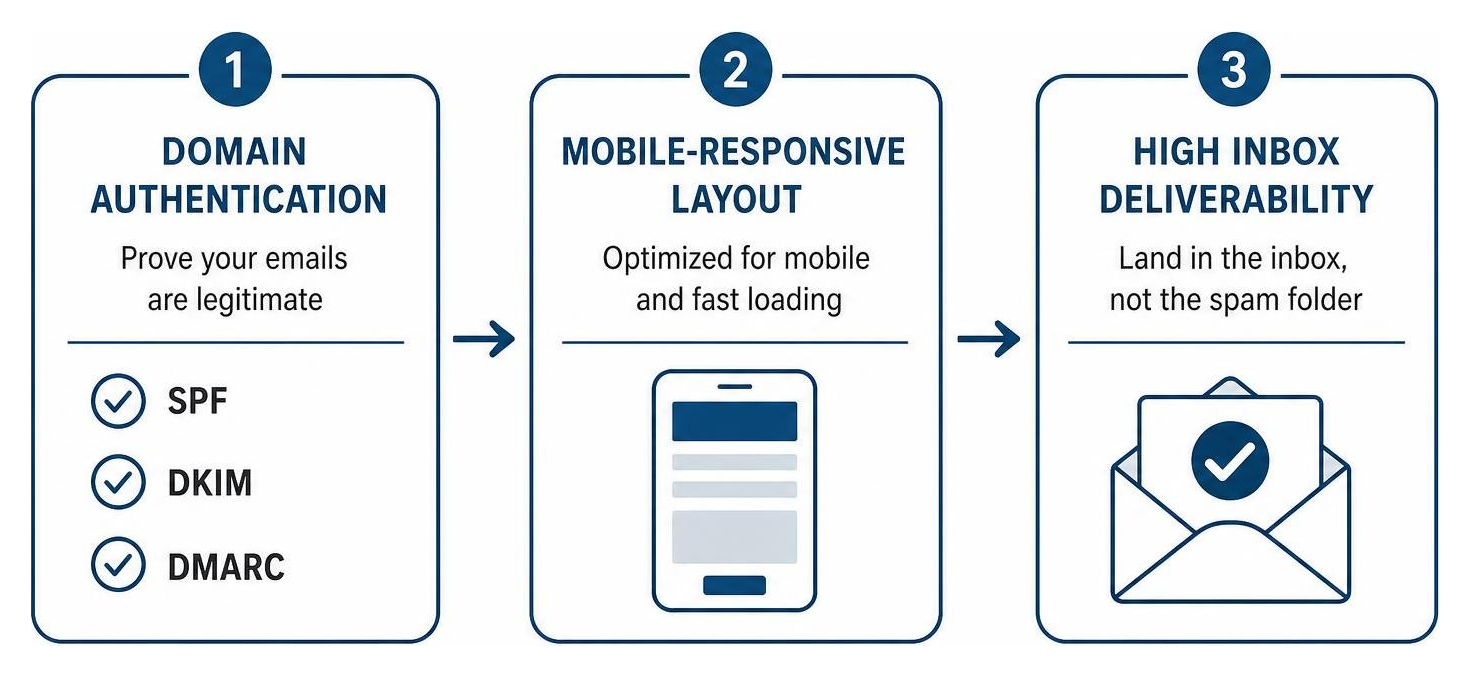Technical email deliverability workflow diagram showing authentication, layout sizing, and inbox landing