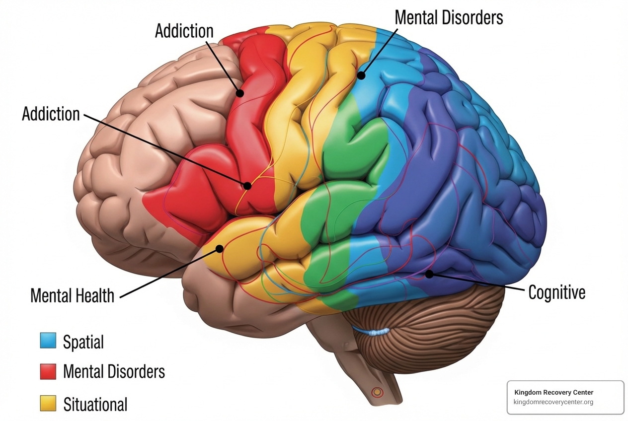 Brain diagram showing areas affected by addiction and mental health disorders, highlighting overlapping pathways - Dual diagnosis treatment center in East Tennessee Brain diagram showing areas affected by addiction and mental health disorders, highlighting overlapping pathways - Dual diagnosis treatment center in East Tennessee