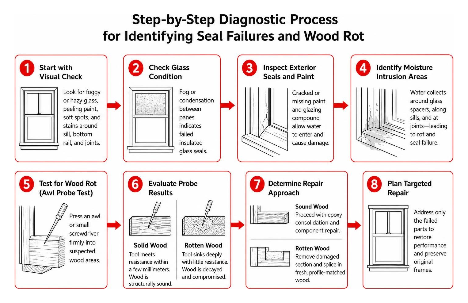 Step-by-step diagnostic process for identifying seal failures and wood rot