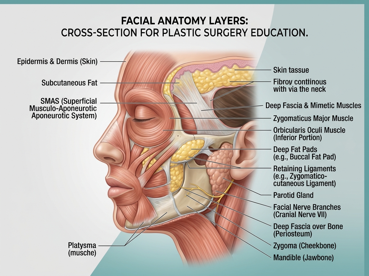 Anatomy of facial layers showing skin, SMAS, and deep tissue structures - facelift by age