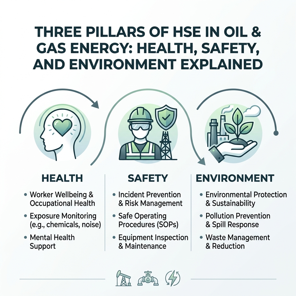 Three pillars of HSE in oil and gas energy: Health, Safety, and Environment explained - hse jobs in oil and gas infographic 