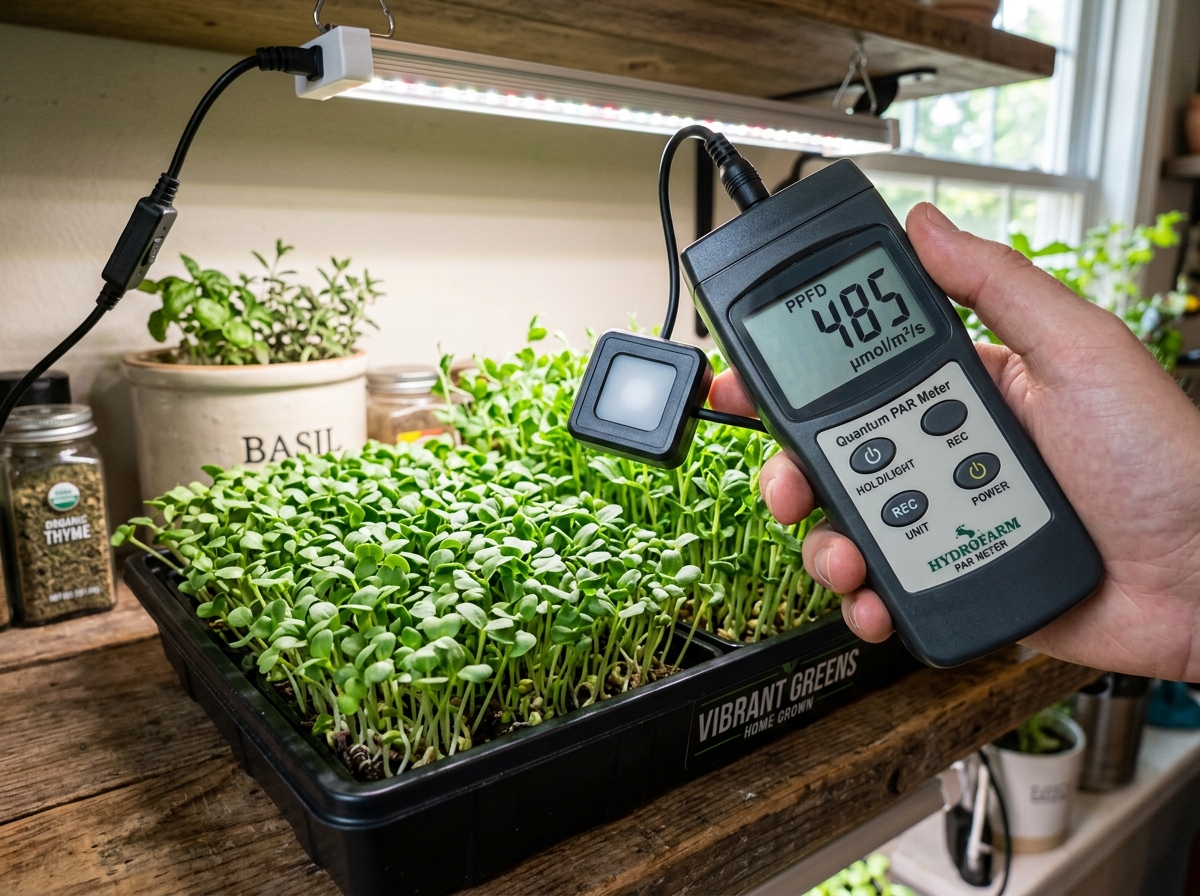 A PAR meter measuring light intensity over a tray of microgreens - microgreen light requirements A PAR meter measuring light intensity over a tray of microgreens - microgreen light requirements