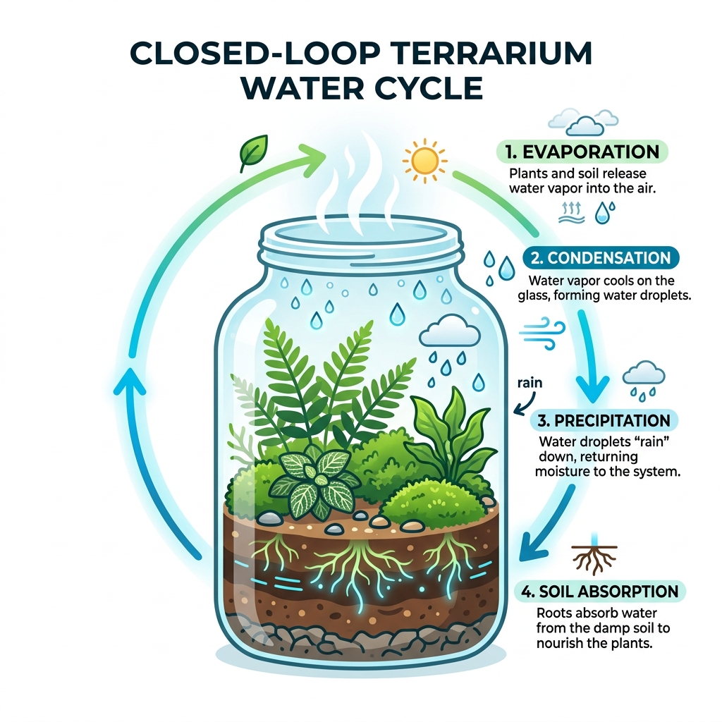 Closed-loop terrarium water cycle infographic showing evaporation, condensation, and soil absorption - build mini indoor
