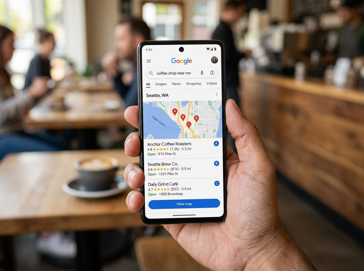 A smartphone displaying a "Near Me" search result for a local service - benefits of local seo A smartphone displaying a "Near Me" search result for a local service - benefits of local seo