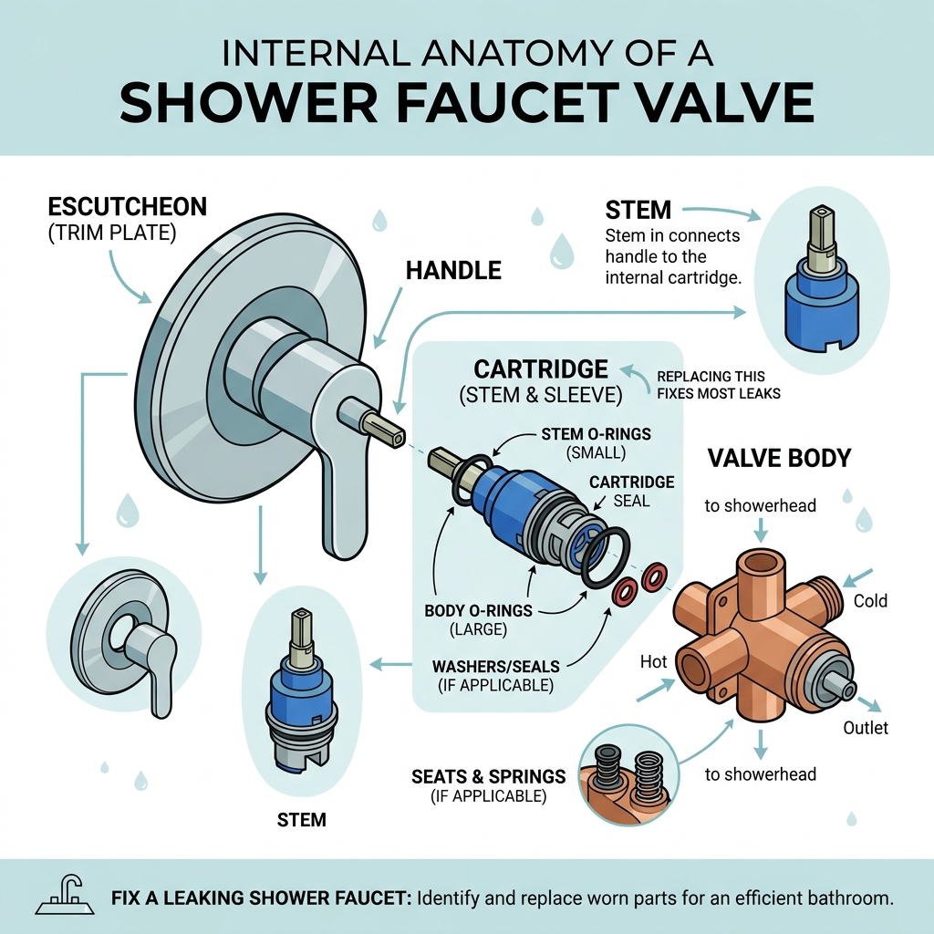 Internal anatomy of a shower faucet valve showing cartridge, washers, O-rings, stem, and escutcheon - fix leaking shower Internal anatomy of a shower faucet valve showing cartridge, washers, O-rings, stem, and escutcheon - fix leaking shower