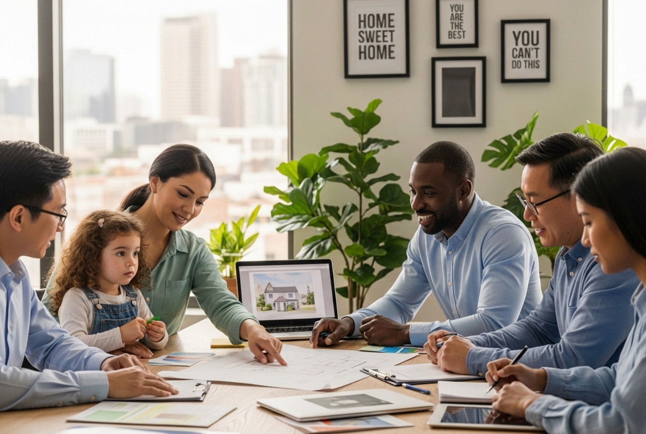 Diverse group of people reviewing house plans with a housing counselor - single mother home ownership program Diverse group of people reviewing house plans with a housing counselor - single mother home ownership program