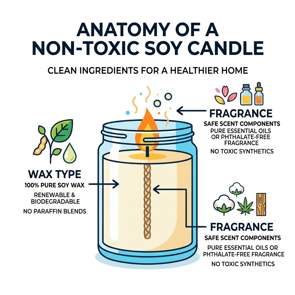 Anatomy of a non-toxic soy candle showing wax type, wick, and fragrance components - non toxic soy candles infographic Anatomy of a non-toxic soy candle showing wax type, wick, and fragrance components - non toxic soy candles infographic