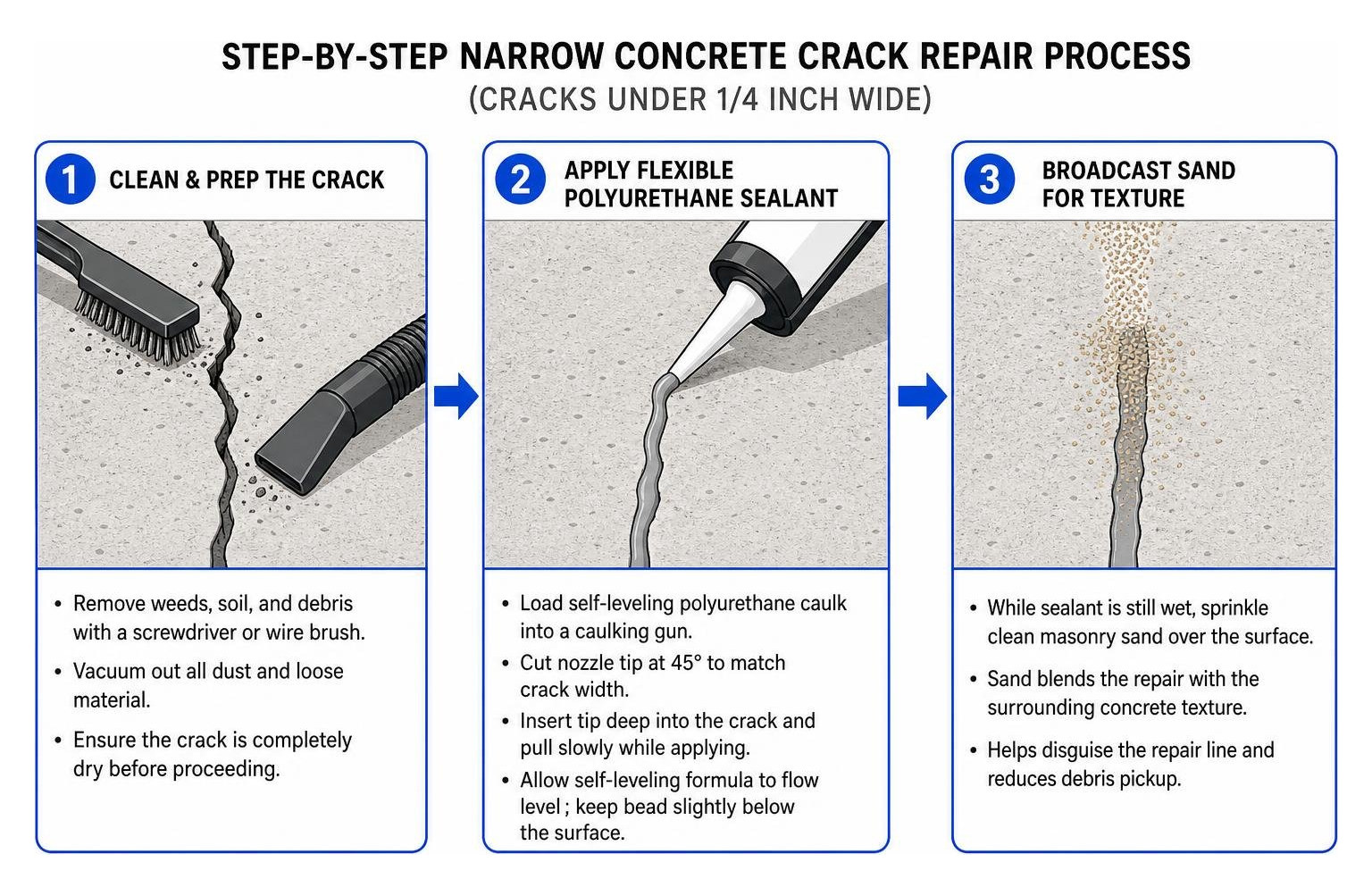 Step by step narrow concrete crack repair process Step by step narrow concrete crack repair process