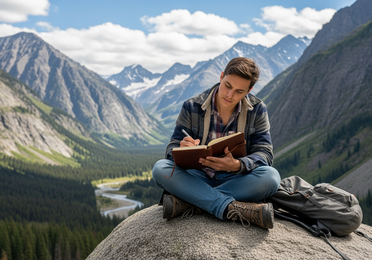 Traveler journaling with a scenic mountain background - modern travel and lifestyle