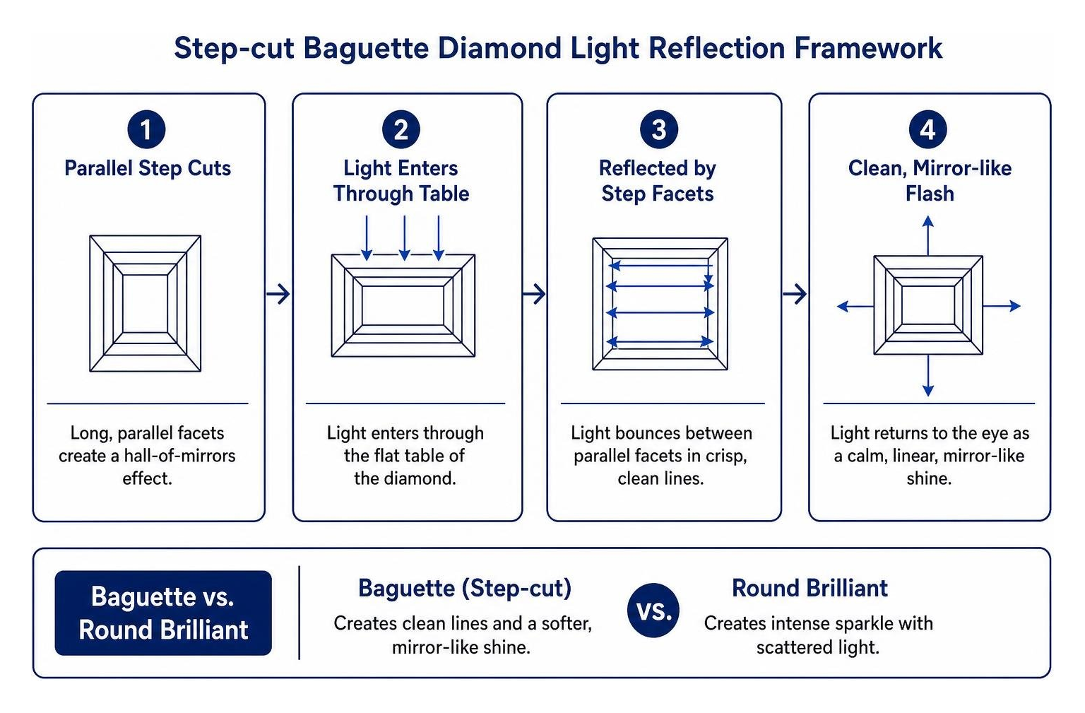 Step-cut baguette diamond light reflection framework Step-cut baguette diamond light reflection framework