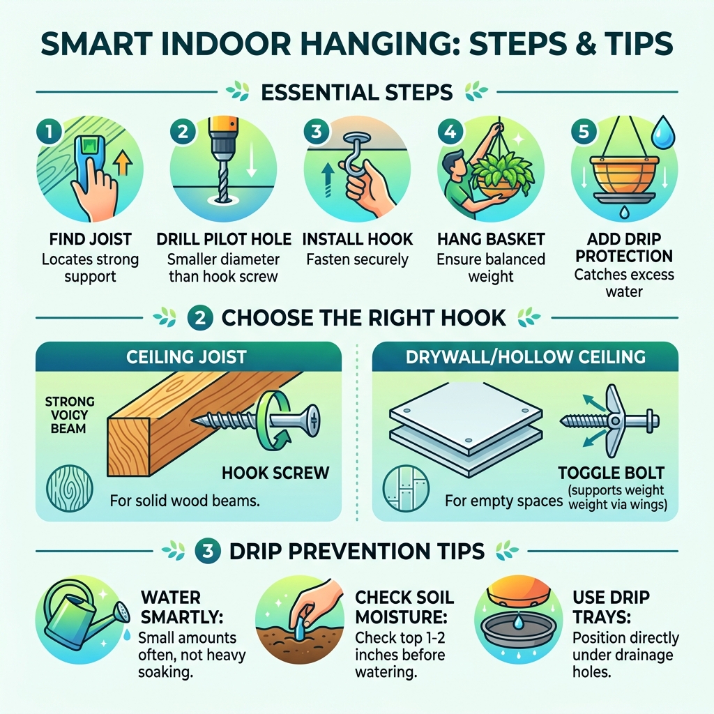 infographic showing steps to hang indoor baskets, hook types, and drip prevention tips - how to hang hanging baskets inside infographic showing steps to hang indoor baskets, hook types, and drip prevention tips - how to hang hanging baskets inside
