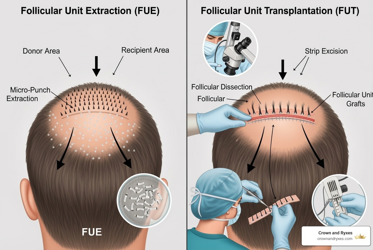 image illustrating the difference between FUE and FUT procedures - Hair transplant clinic in The Villages