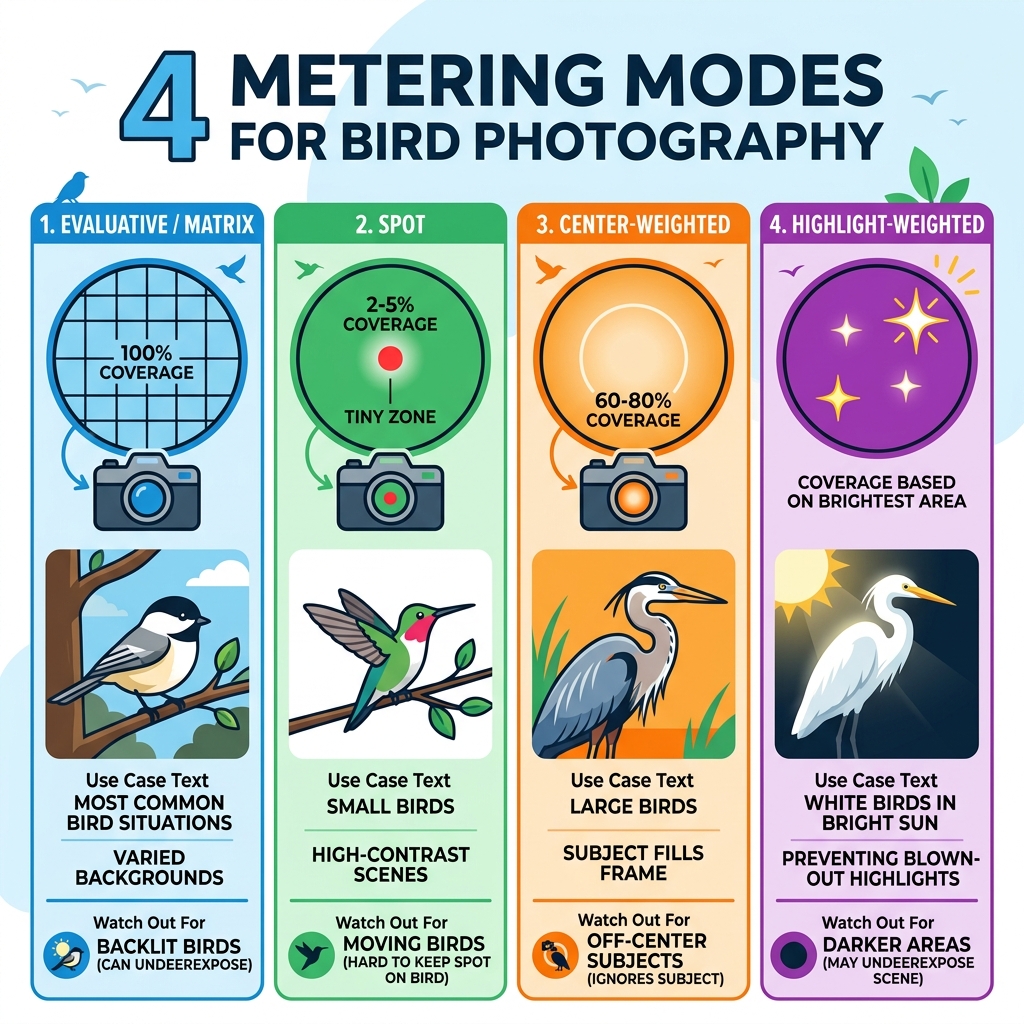 Infographic showing 4 metering modes for bird photography with frame coverage percentages and ideal use cases - metering Infographic showing 4 metering modes for bird photography with frame coverage percentages and ideal use cases - metering
