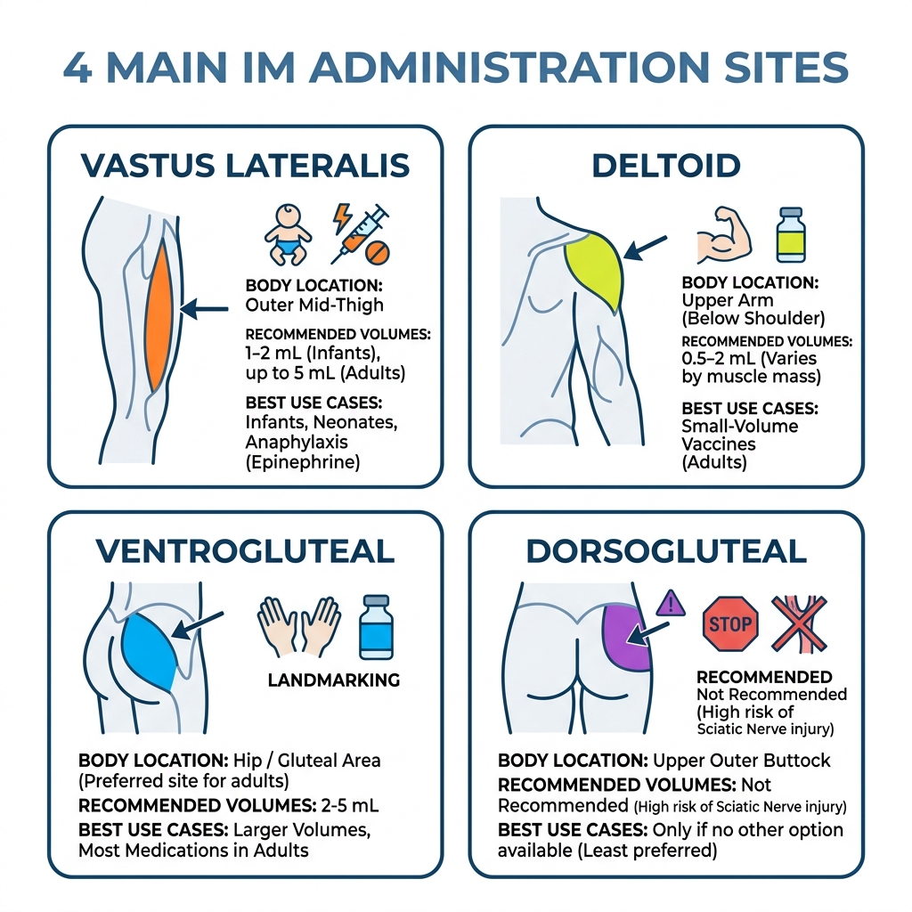 Infographic showing four main IM administration sites with body location, recommended volumes, and best use cases - im Infographic showing four main IM administration sites with body location, recommended volumes, and best use cases - im