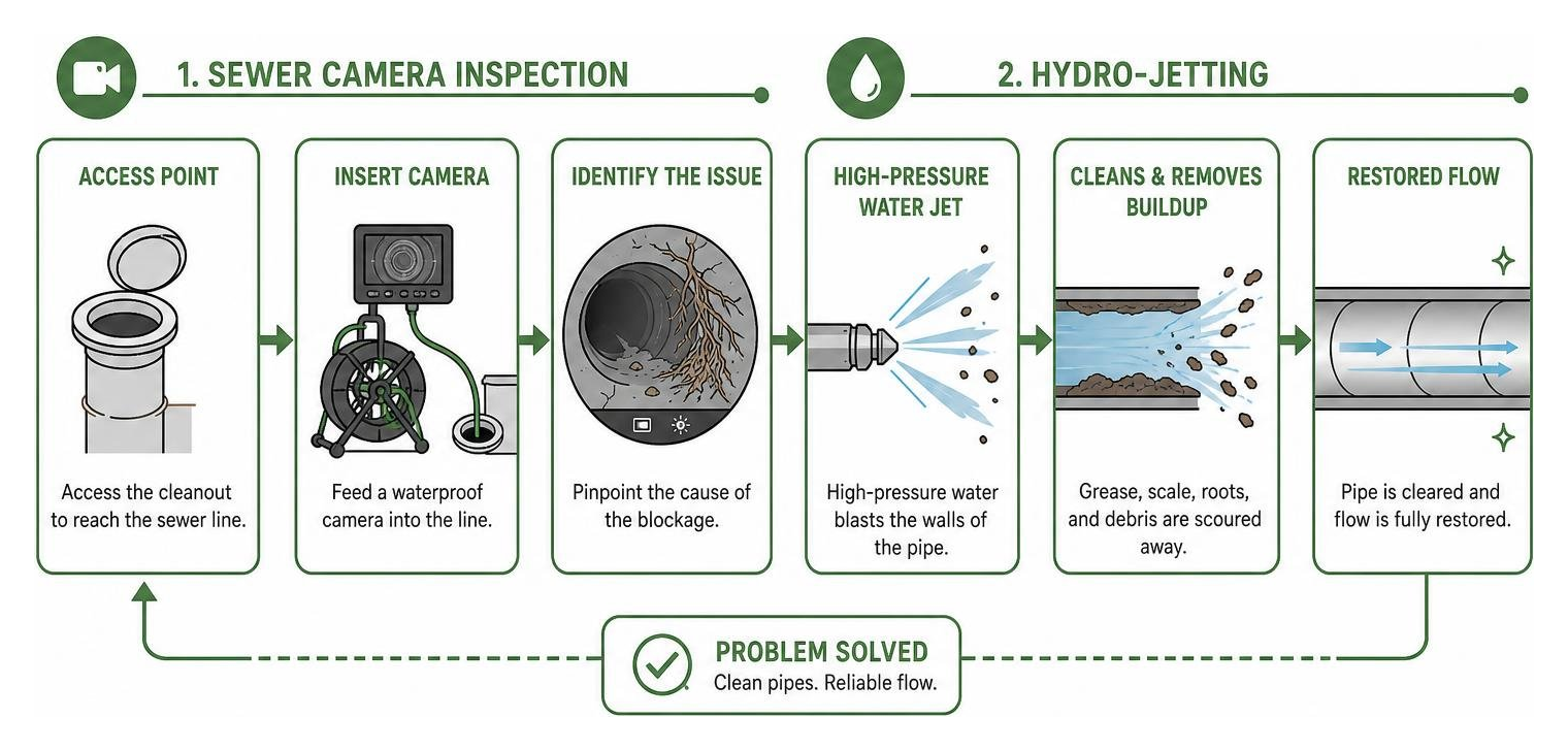 Sewer camera inspection and hydro-jetting process Sewer camera inspection and hydro-jetting process