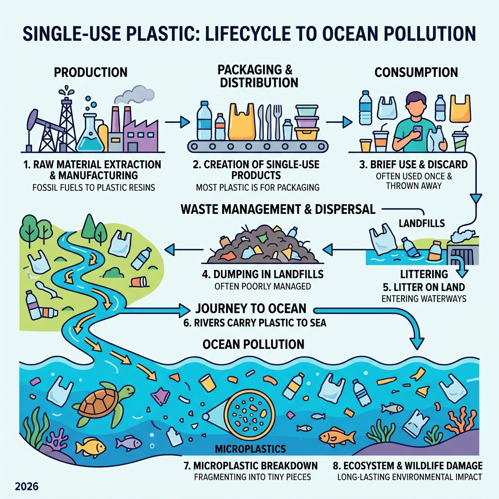 Lifecycle of single-use plastic from production to ocean pollution infographic - tips to reduce plastic infographic 