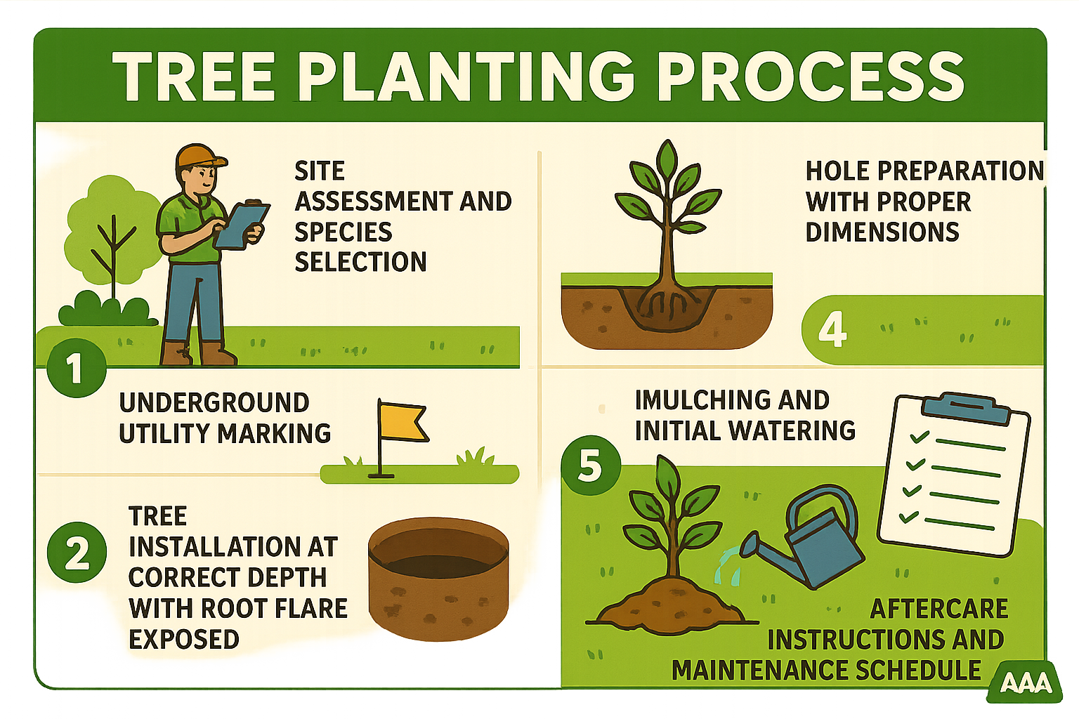 Tree planting process infographic showing 6 steps: 1) Site assessment and species selection, 2) Underground utility marking, 3) Hole preparation with proper dimensions, 4) Tree installation at correct depth with root flare exposed, 5) Mulching and initial watering, 6) Aftercare instructions and maintenance schedule - Tree planting services infographic 