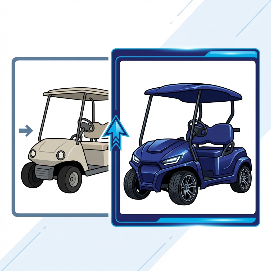 Introduction: Transform Your Club Car DS Infographic showing a before-and-after comparison of a stock Club Car DS and one with a Spartan body kit - club car spartan body infographic