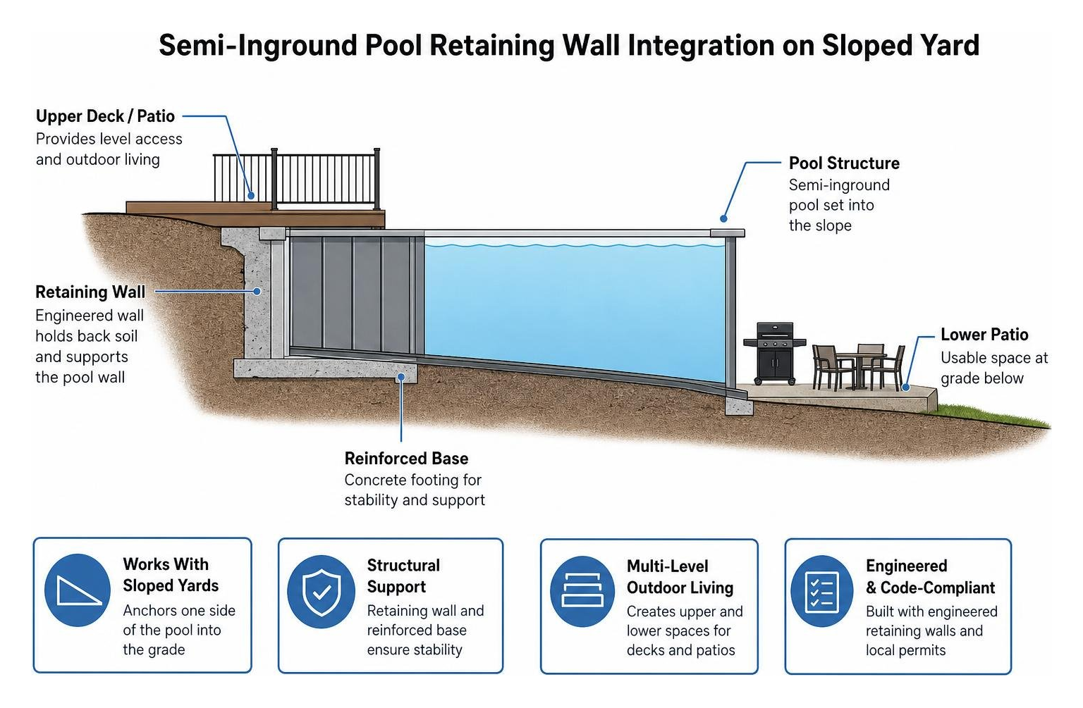 diagram showing semi-inground pool retaining wall integration on sloped yard diagram showing semi-inground pool retaining wall integration on sloped yard