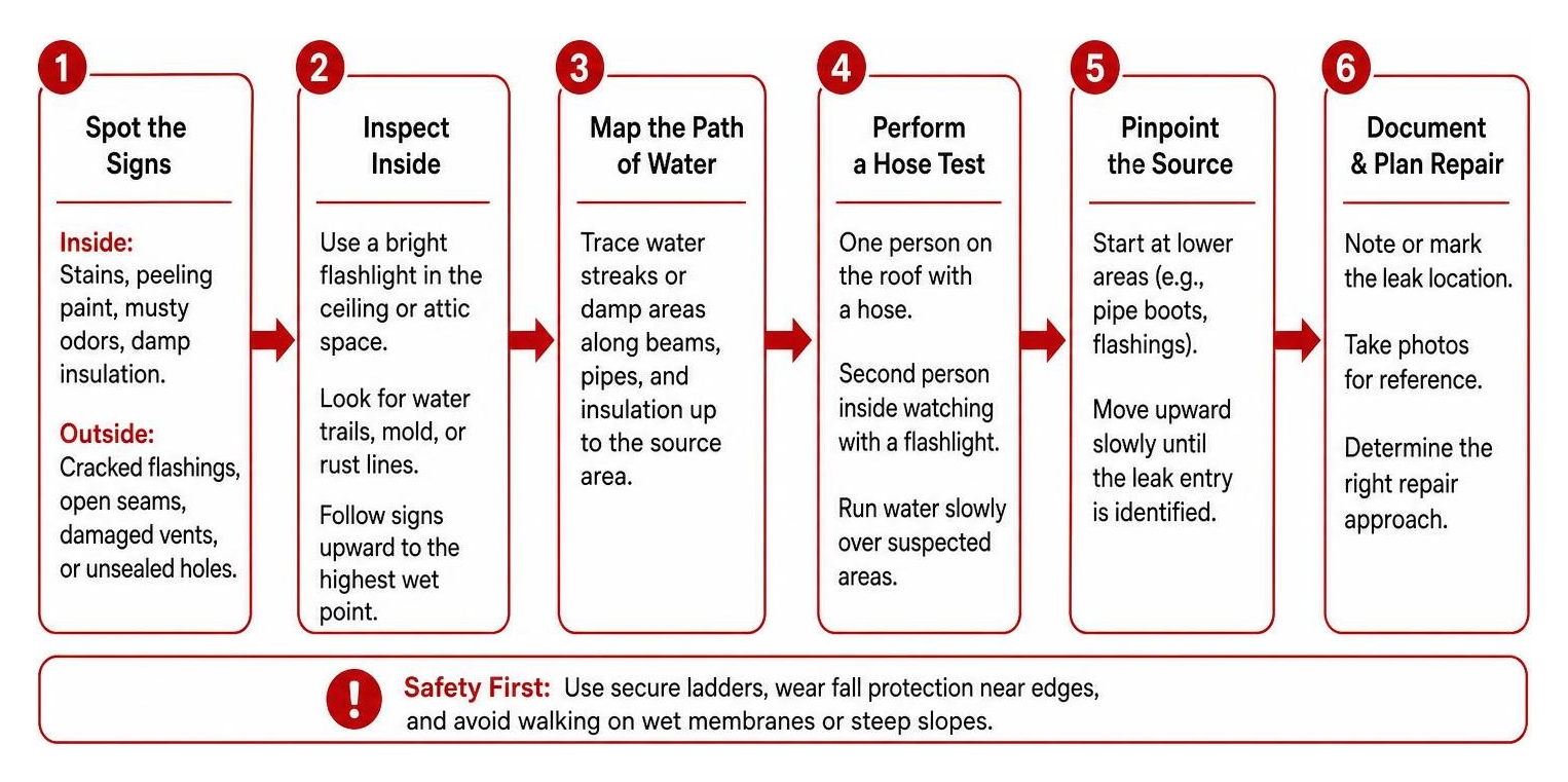 Step-by-step diagnostic process to trace and locate a roof leak source safely