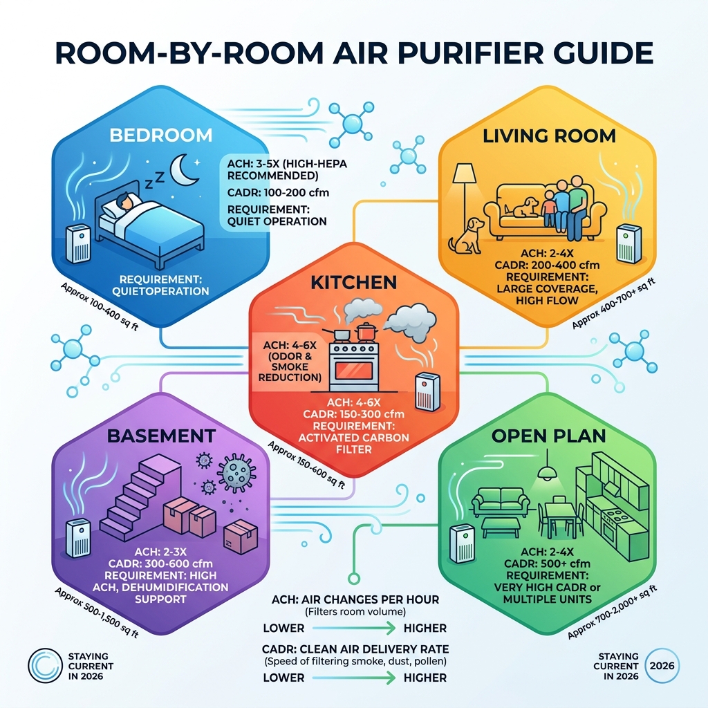 Room-by-room air purifier guide showing ACH and CADR requirements per room type - air purifiers by room type infographic 