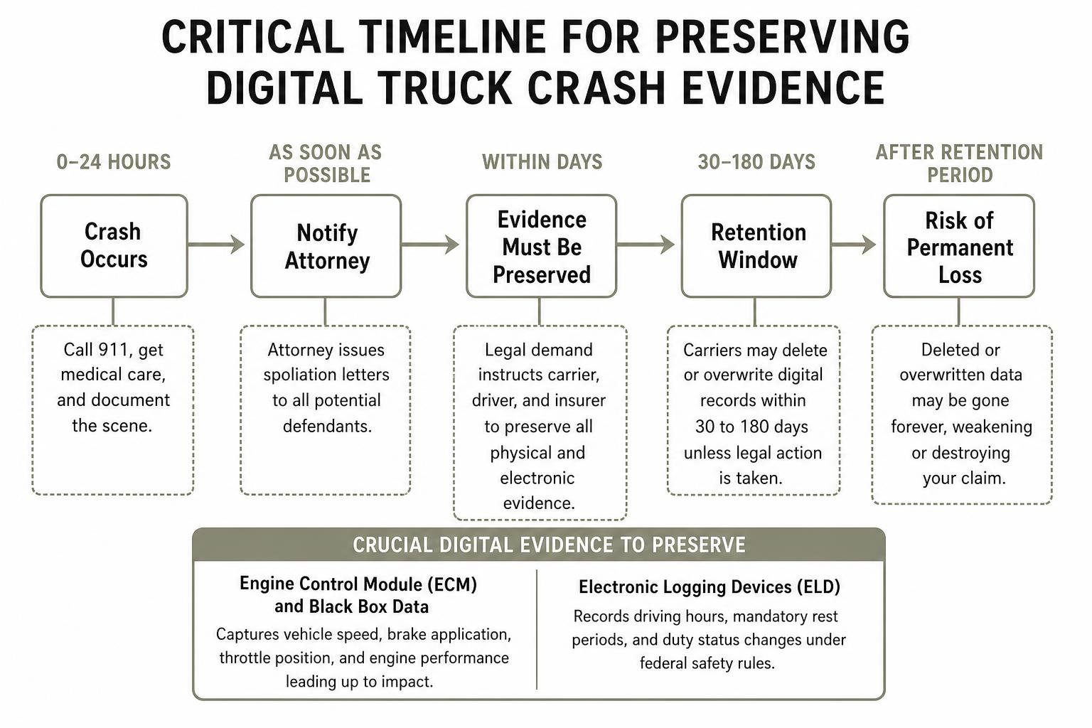 Critical timeline for preserving digital truck crash evidence Critical timeline for preserving digital truck crash evidence