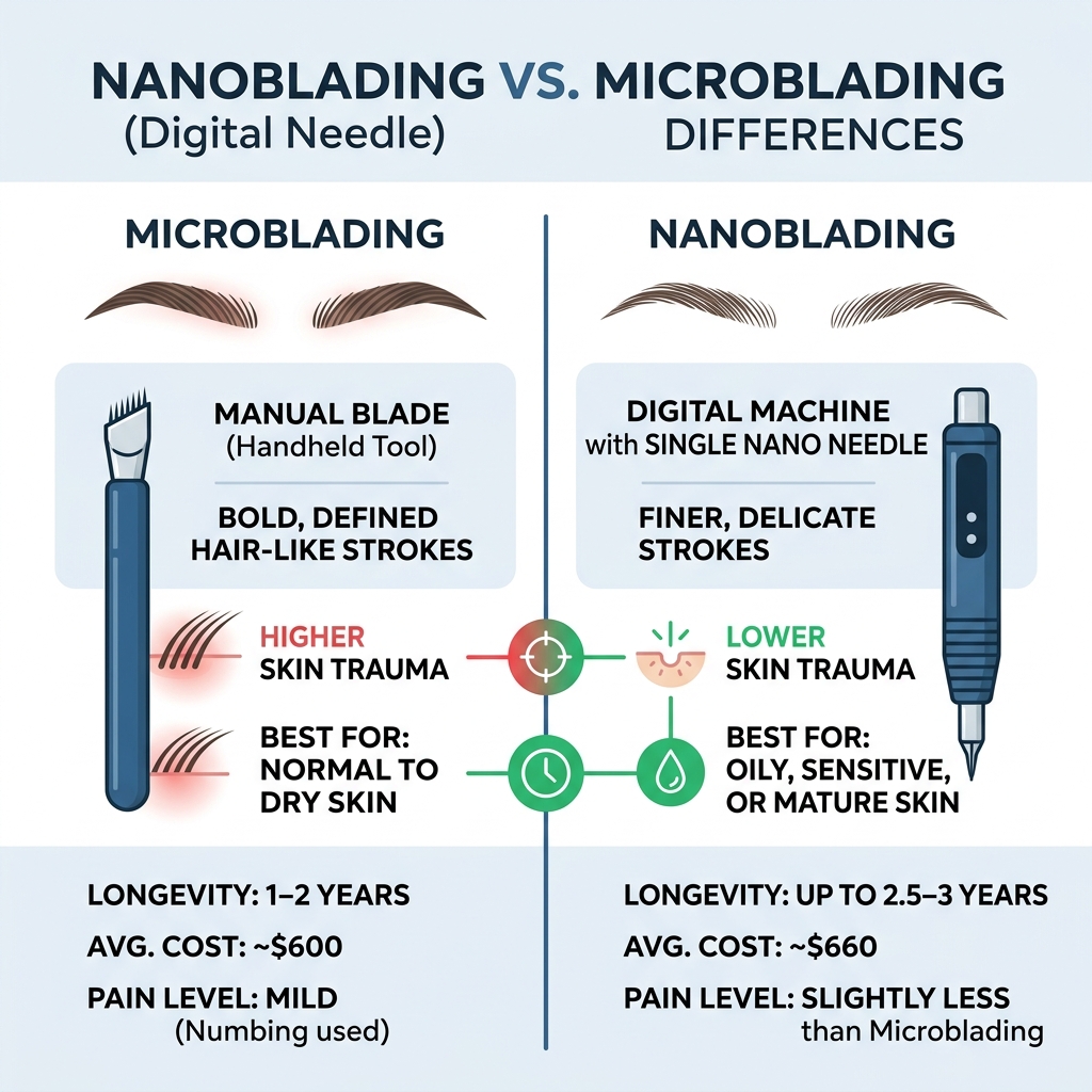Infographic comparing nanoblading manual blade vs microblading digital needle tool differences - nanoblading vs microblading