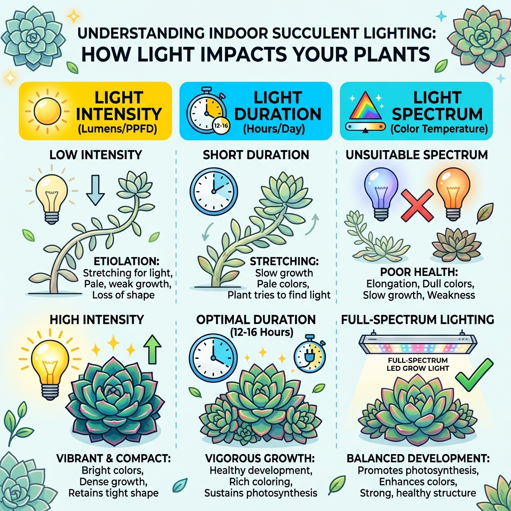 Infographic showing how light intensity, duration, and spectrum affect succulent color, shape, and growth - indoor succulent