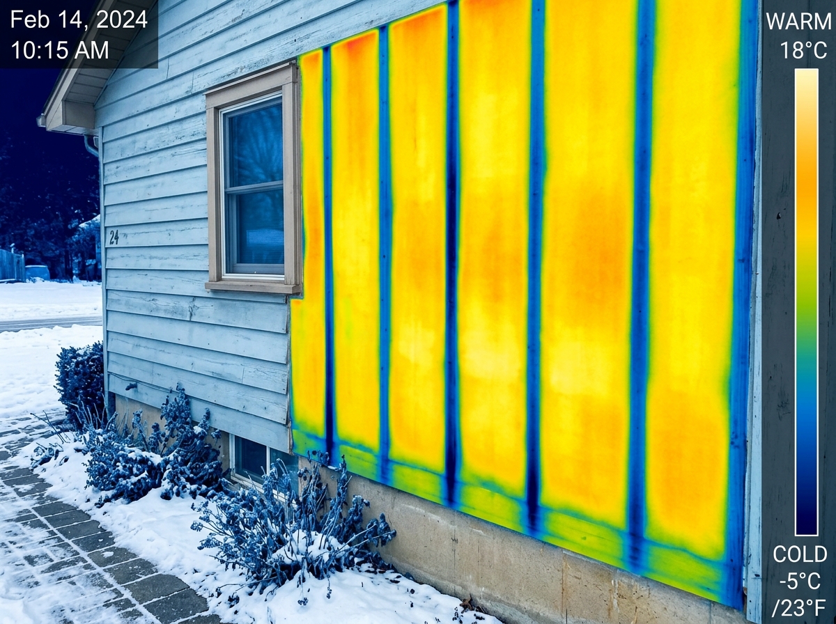 thermal imaging camera detecting heat loss through wall studs in a residential home - best r value walls