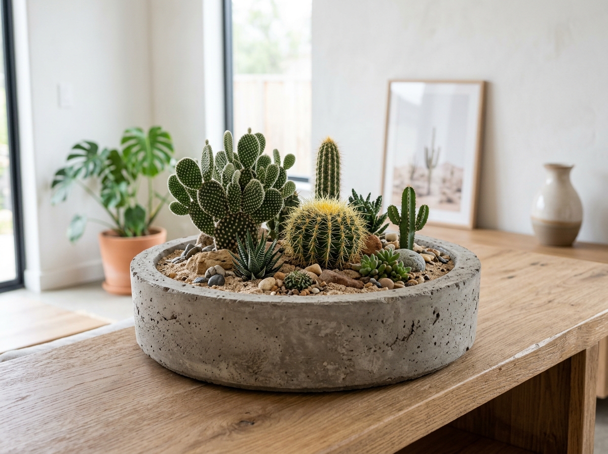 handcrafted concrete basin with assorted cacti and desert sand - cactus flower arrangements
