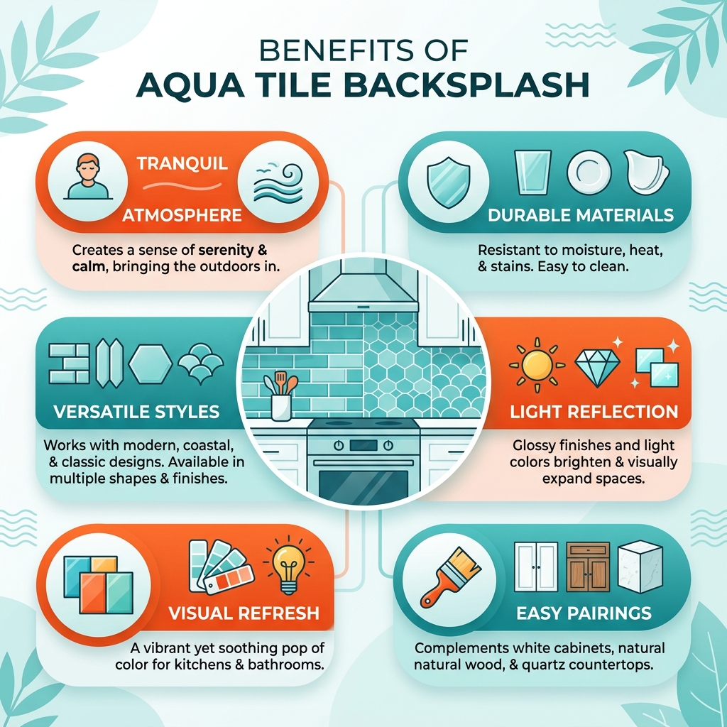 Benefits of aqua tile backsplash in home design infographic - aqua tile backsplash infographic 