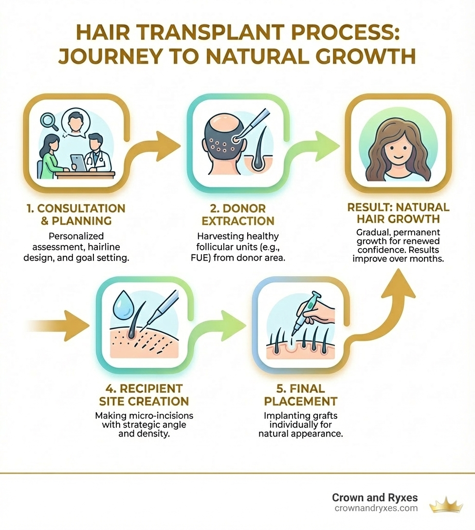 infographic showing the hair transplant process from consultation through donor extraction, graft preparation, recipient site creation, and final placement resulting in natural hair growth - Hair transplant clinic infographic 